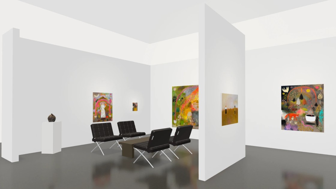 An art fair booth built in 3D on ArtVault Works, hung with paintings, with Barcelona chairs and a sculpture, seen from the aisle