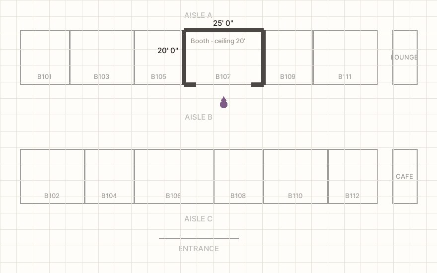 A fair floor plan uploaded as a faded underlay, with one booth traced over it in black