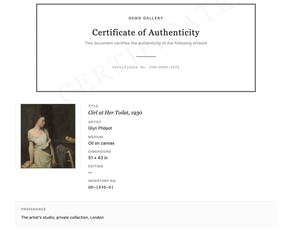 A certificate of authenticity generated from the artwork record, with its provenance