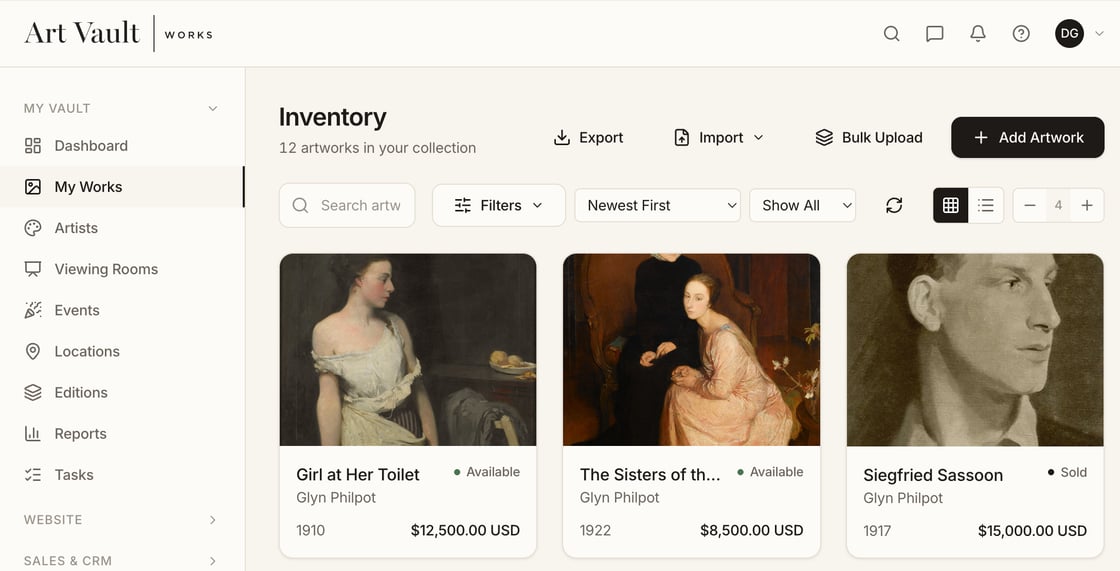 The ArtVault Works inventory, with photographs, titles, dates and prices for each work