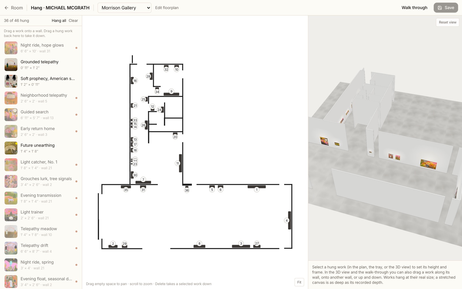The hanging editor: works dragged from a tray onto the walls of a floorplan, with the room in 3D beside it
