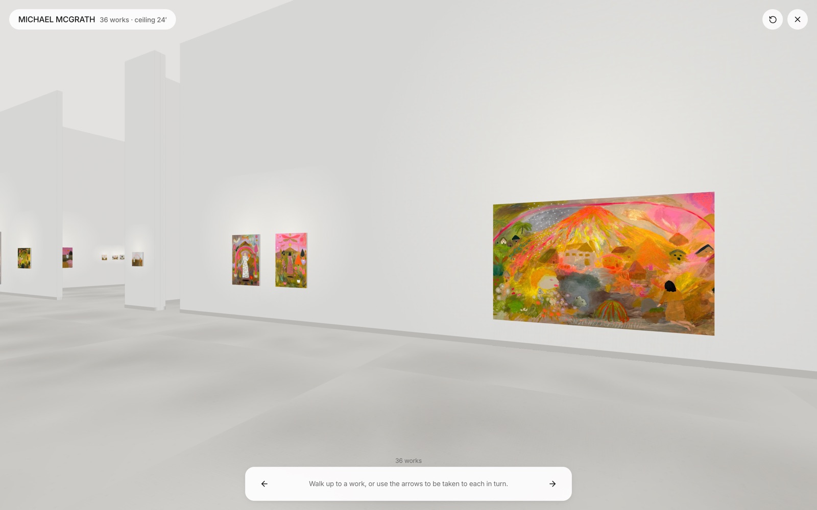 A walk-through of a hung show: paintings on white gallery walls, seen at eye level