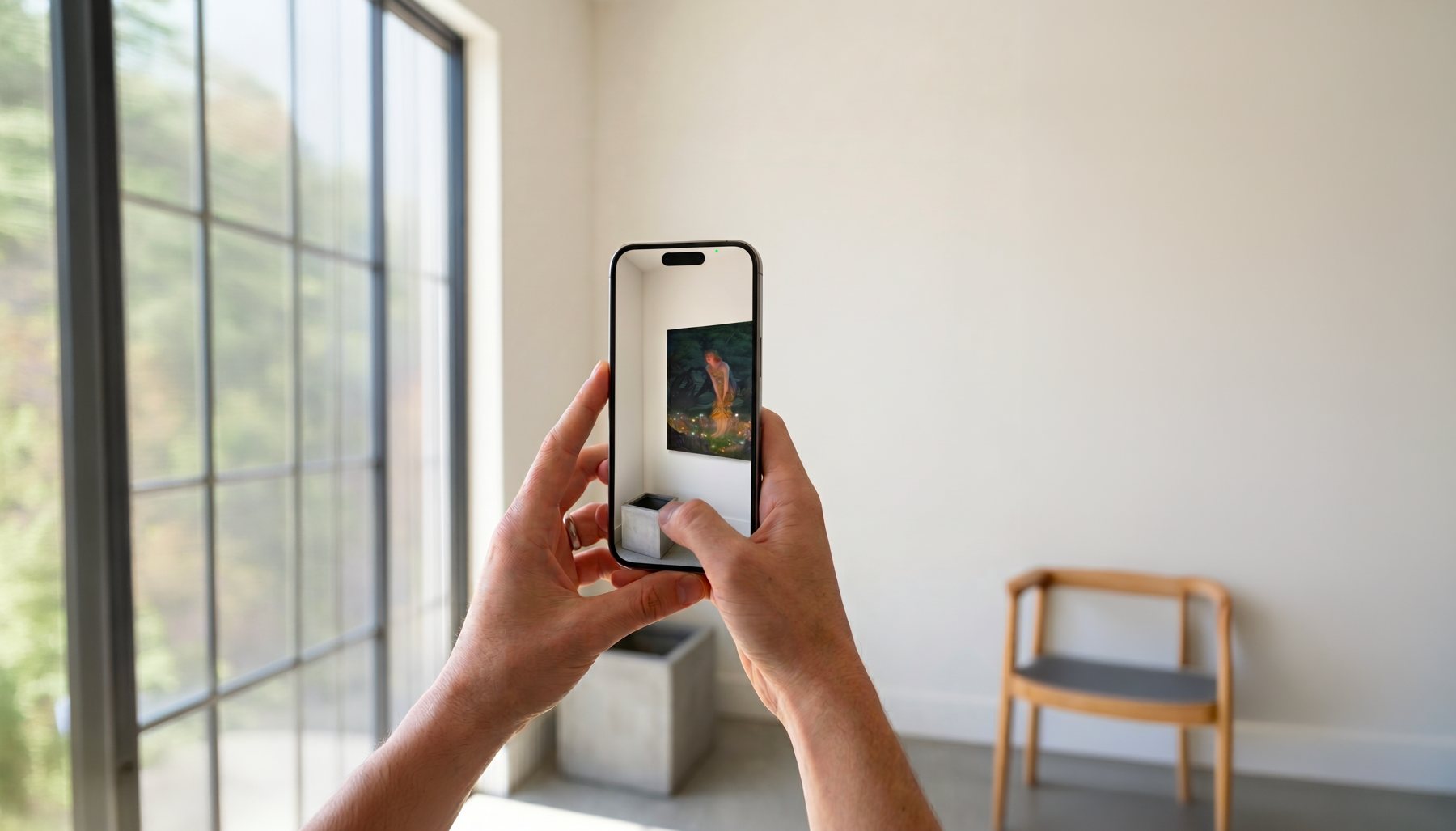 A painting placed on a real wall in AR, seen through a phone held up in an empty room
